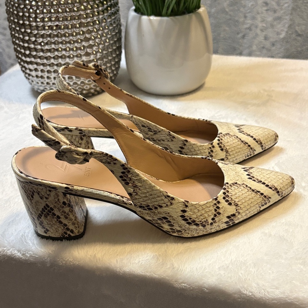 27 EDIT Elaine Snake Print Leather Slingback Dress Heels Size 7